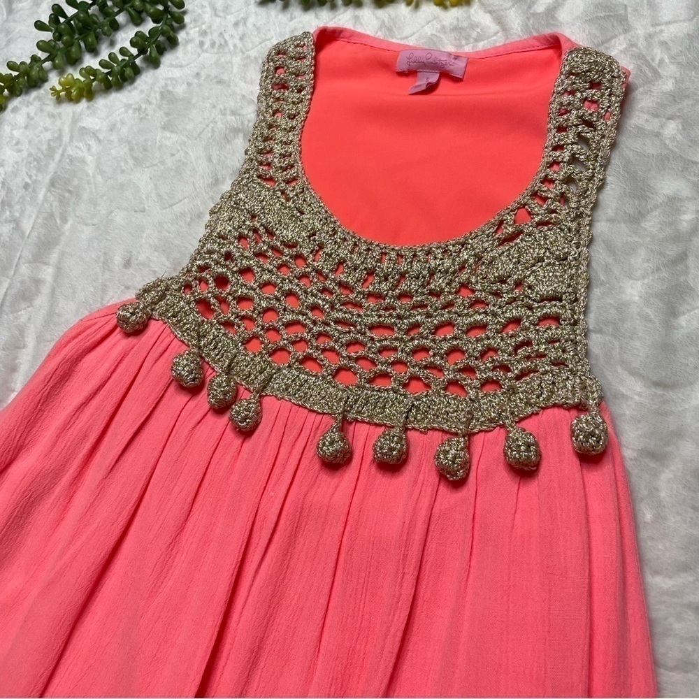 Lilly Pulitzer Rachelle Coral Gold Racerback Pom Pom Swing Dress Size Small - Picture 4 of 15